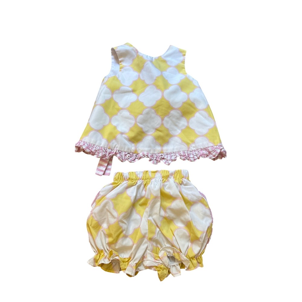 Shrimp & Grits Kids Outfit Set Baby Yellow Quatrefoil Ruffle Bloomers SIZE 6M